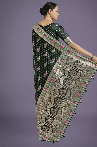 Dark green banarasi zari woven satin saree