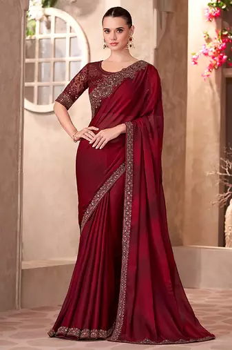 Chiffon silk party wear saree maroon color with embroidery work