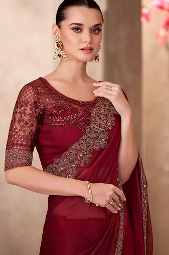 Chiffon silk blend maroon color saree with embroidery work