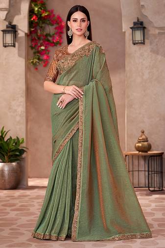 Olive green georgette border work mehendi wear saree with blouse