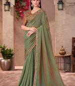 Olive green georgette border work mehendi wear saree with blouse