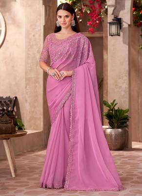 Chiffon silk blend pink color saree with embroidery work 1