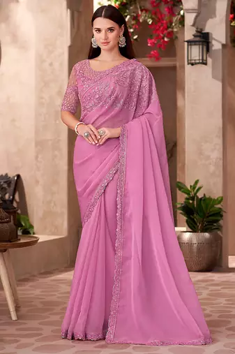 Chiffon silk party wear saree pink color with embroidery work