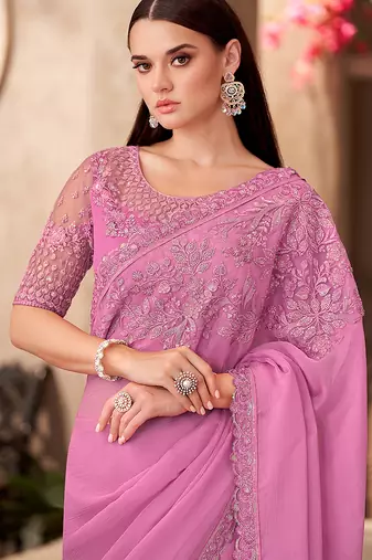 Chiffon silk blend pink color saree with embroidery work