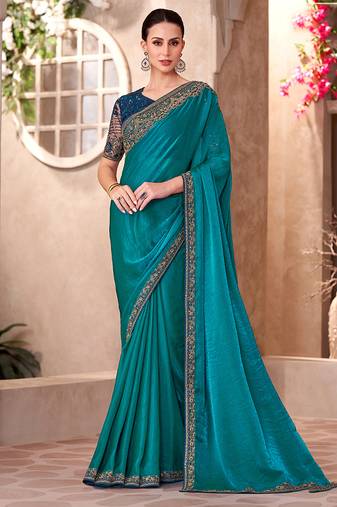 Chiffon silk party wear saree teal color with embroidery work