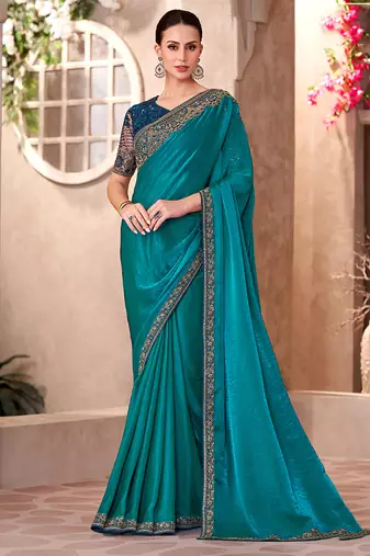 Chiffon silk party wear saree teal color with embroidery work