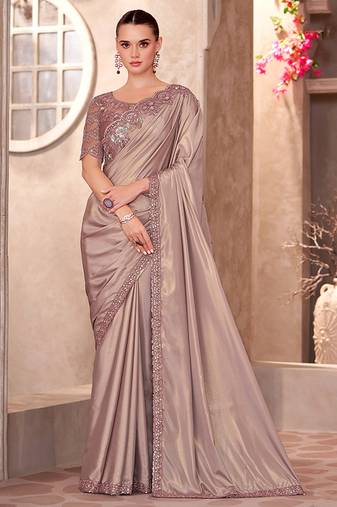Simmer silk party wear saree beige color with embroidery work