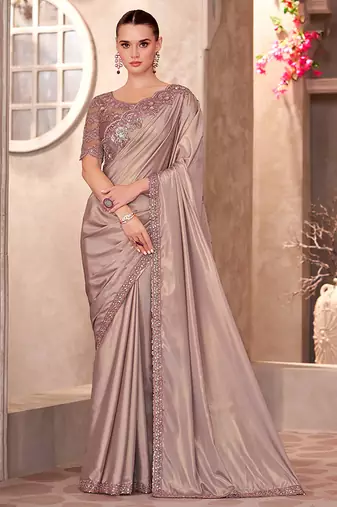 Simmer silk party wear saree beige color with embroidery work