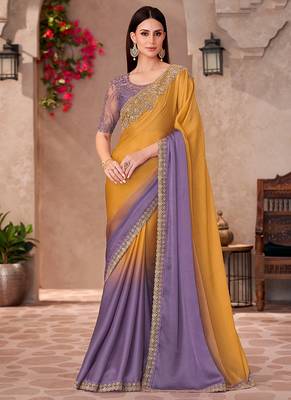 Chiffon silk blend mustard & lavender purple saree with embroidery work 1