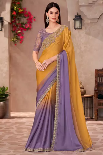 Chiffon silk party wear saree mustard & lavender purple with embroidery work