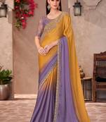 Chiffon silk party wear saree mustard & lavender purple with embroidery work