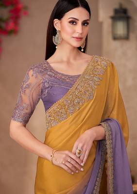 Chiffon silk blend mustard & lavender purple saree with embroidery work 2