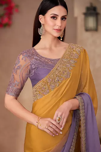 Chiffon silk blend mustard & lavender purple saree with embroidery work