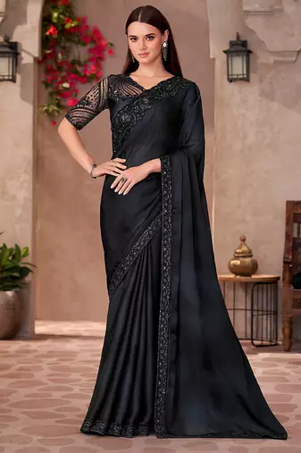 Chiffon silk party wear saree black color with embroidery work