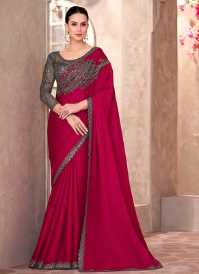 Chiffon silk blend raspberry color saree with embroidery work 1