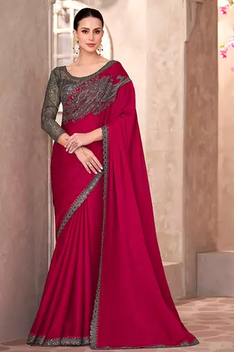 Chiffon silk party wear saree raspberry color with embroidery work