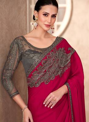 Chiffon silk blend raspberry color saree with embroidery work 2