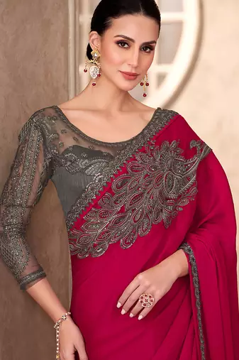 Chiffon silk blend raspberry color saree with embroidery work