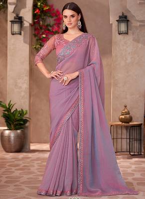 Mauve pink faux georgette embroidered border work saree 1