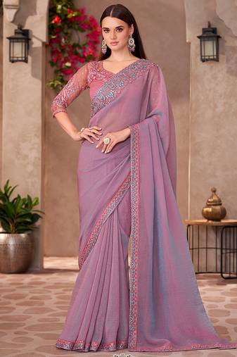 Mauve pink georgette embroidered border work function wear saree with blouse