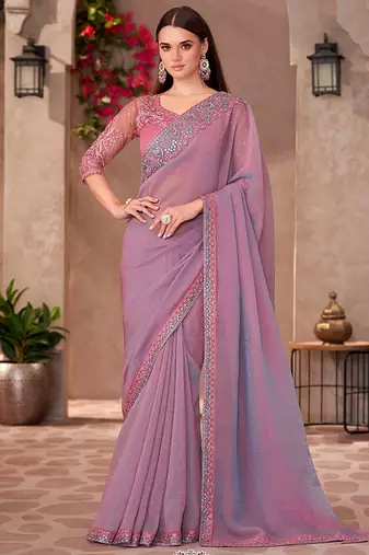 Mauve pink georgette embroidered border work function wear saree with blouse