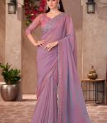 Mauve pink georgette embroidered border work function wear saree with blouse