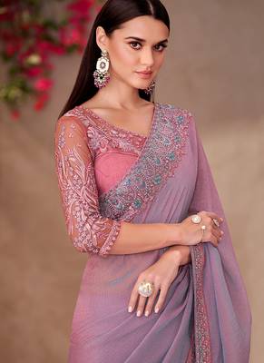 Mauve pink faux georgette embroidered border work saree 2