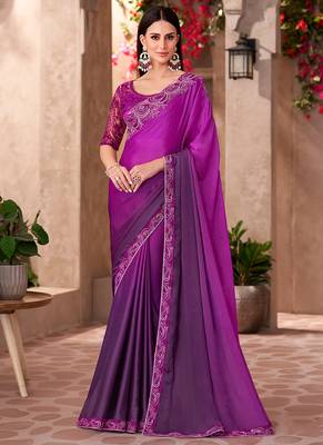Chiffon silk blend magenta purple color saree with embroidery work 1