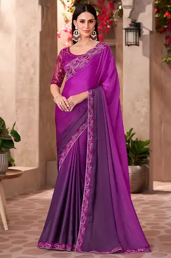 Chiffon silk party wear saree magenta purple color with embroidery work