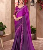 Chiffon silk party wear saree magenta purple color with embroidery work
