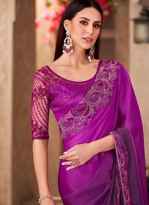 Chiffon silk blend magenta purple color saree with embroidery work 2
