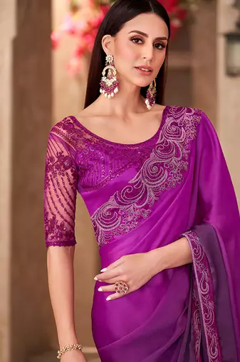 Chiffon silk blend magenta purple color saree with embroidery work