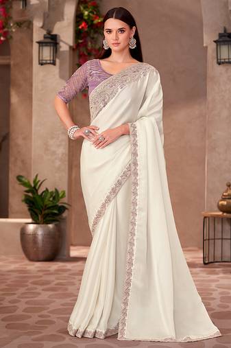 White georgette embroidered border work party wear saree with blouse