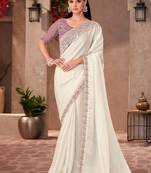 White georgette embroidered border work party wear saree with blouse