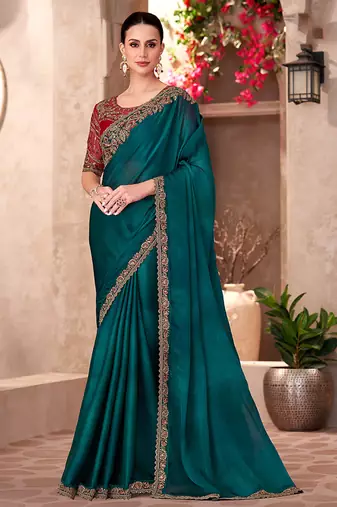 Chiffon silk party wear saree teal green color with embroidery work