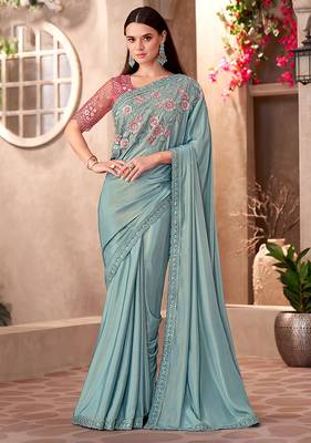 Chiffon sky blue shimmer silk blend saree with embroidery work 1