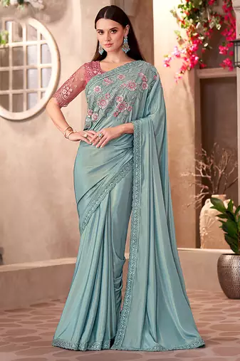 Chiffon simmer silk party wear saree sky blue color with embroidery work