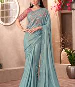 Chiffon simmer silk party wear saree sky blue color with embroidery work