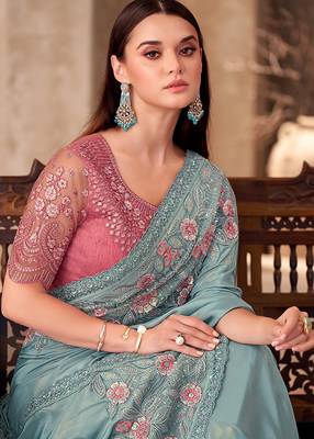 Chiffon sky blue shimmer silk blend saree with embroidery work 2