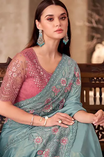 Chiffon sky blue shimmer silk blend saree with embroidery work