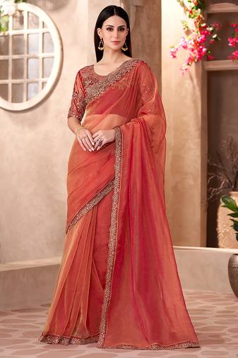 Tissue silk party wear saree rust color with embroidery work