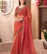 Tissue silk party wear saree rust color with embroidery work