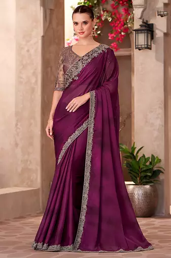 Satin chiffon party wear saree burgundy color with embroidery work