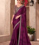 Satin chiffon party wear saree burgundy color with embroidery work