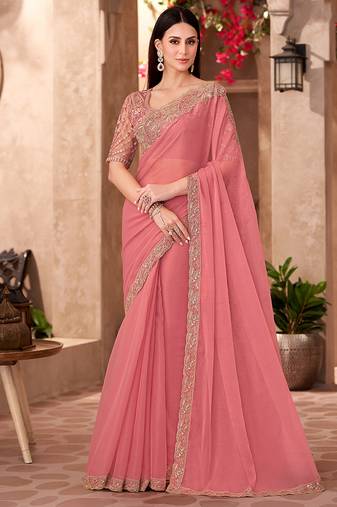 Peach georgette embroidered border work party wear saree with blouse