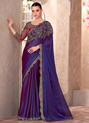 Satin georgette violet saree with embroidery work 1