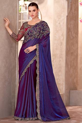 Chifoon silk party wear saree violet color with embroidery work