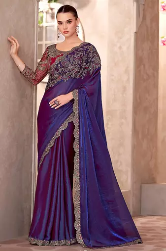 Chifoon silk party wear saree violet color with embroidery work