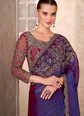 Satin georgette violet saree with embroidery work 2