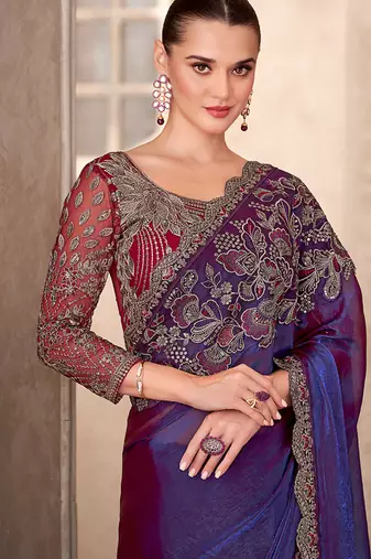 Satin georgette violet saree with embroidery work